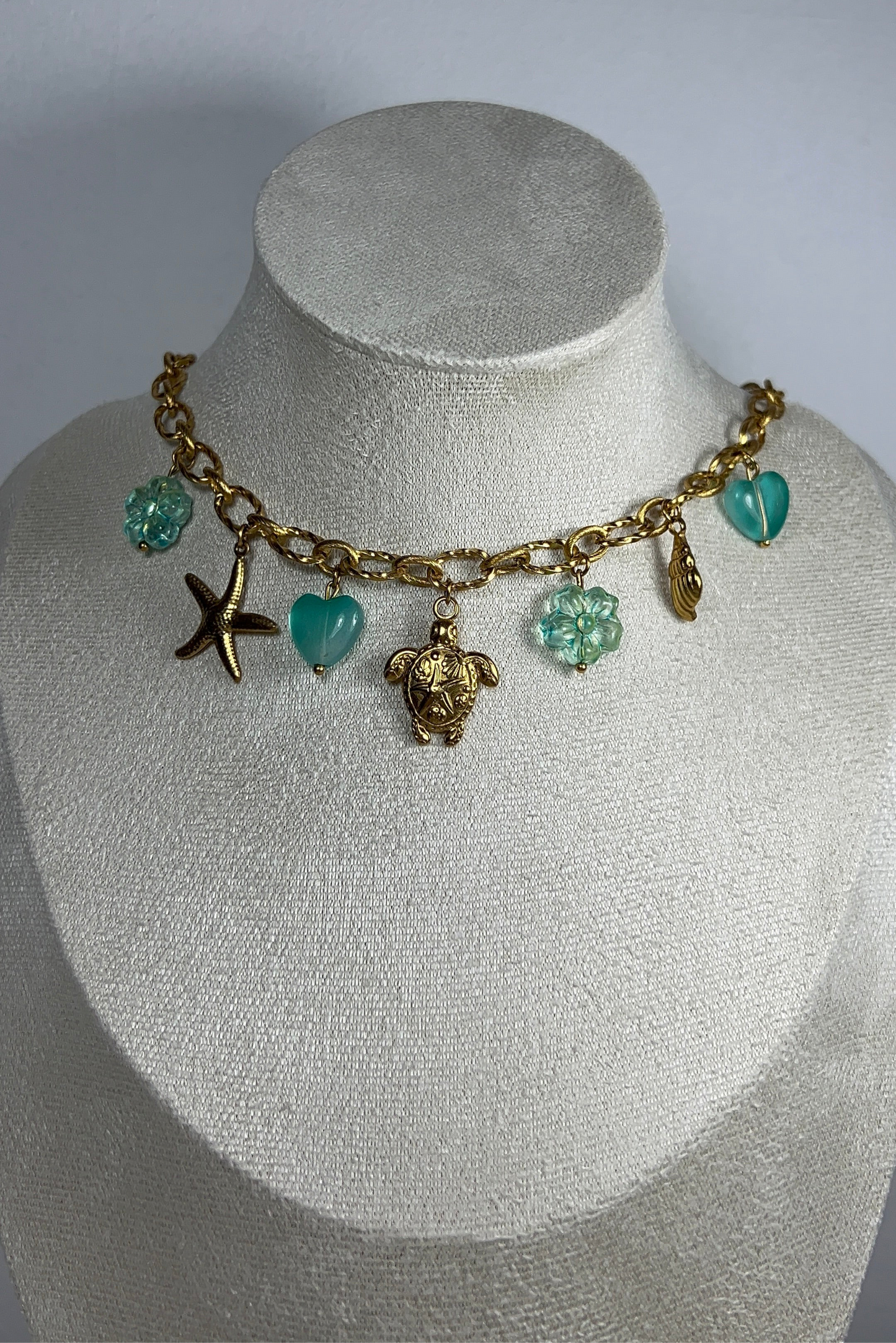 Collier Jade doré - Collier marin et fleurs en verre - Acier inoxydable femme