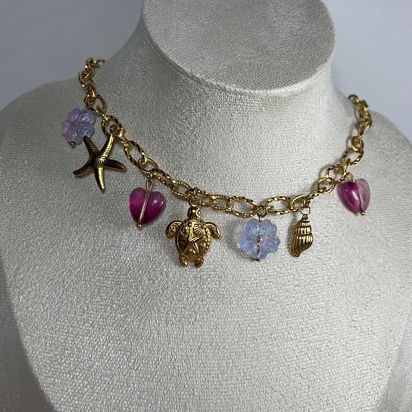 Collier Jade doré - Collier marin et fleurs en verre - Acier inoxydable femme