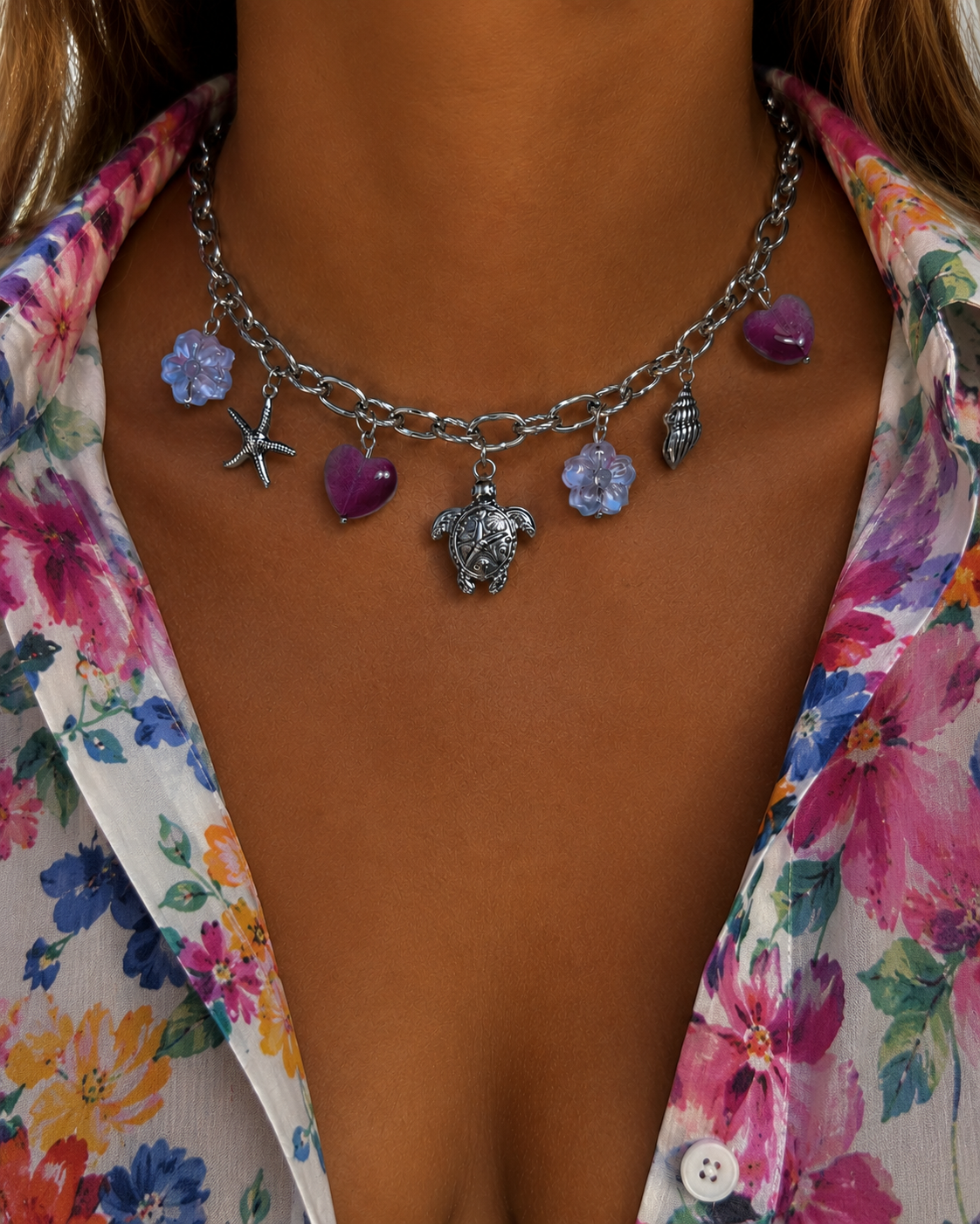 Collier Jade argent - Collier marin et fleurs en verre - Acier inoxydable femme