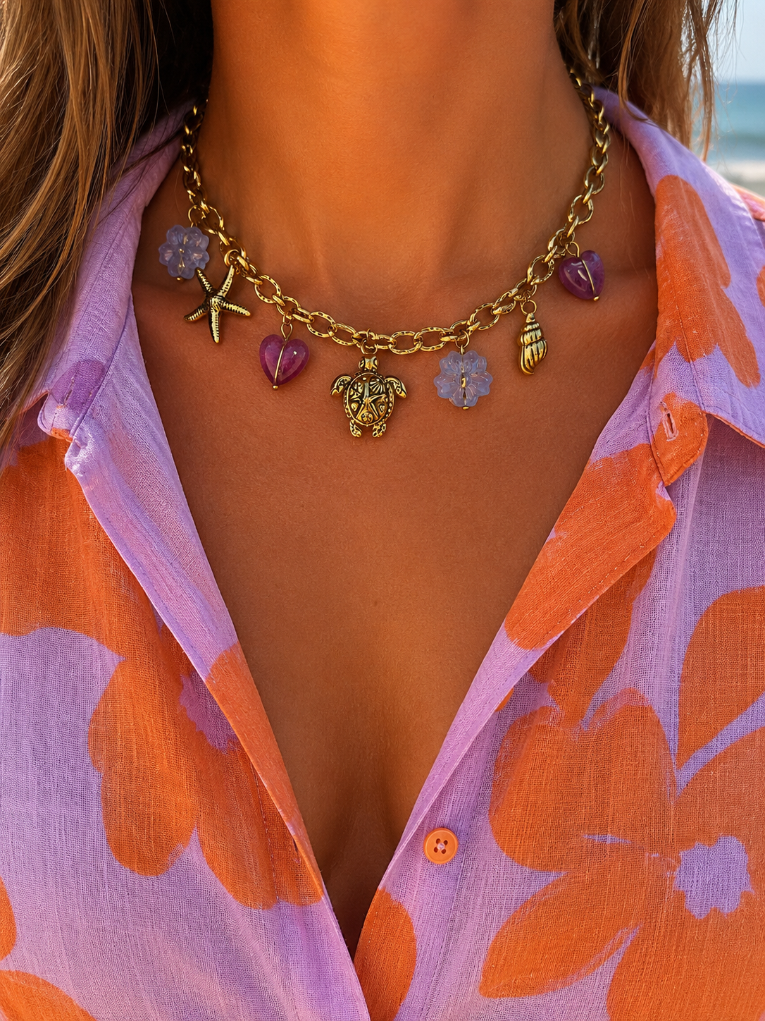 Collier Jade doré - Collier marin et fleurs en verre - Acier inoxydable femme
