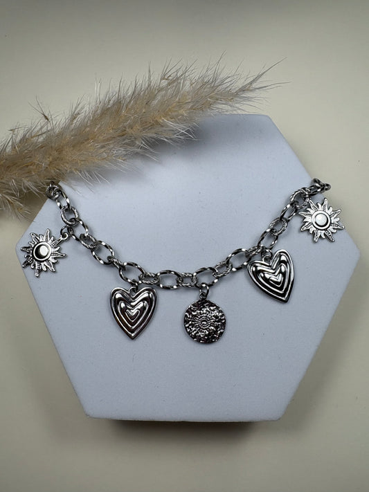 Bracelet breloques cœurs et soleil en acier inoxydable