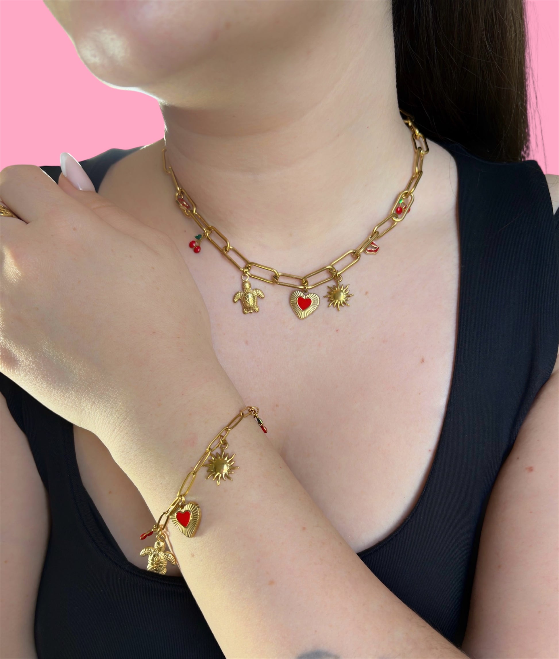 Bracelet breloques en acier inoxydable coeur tortue soleil cerises