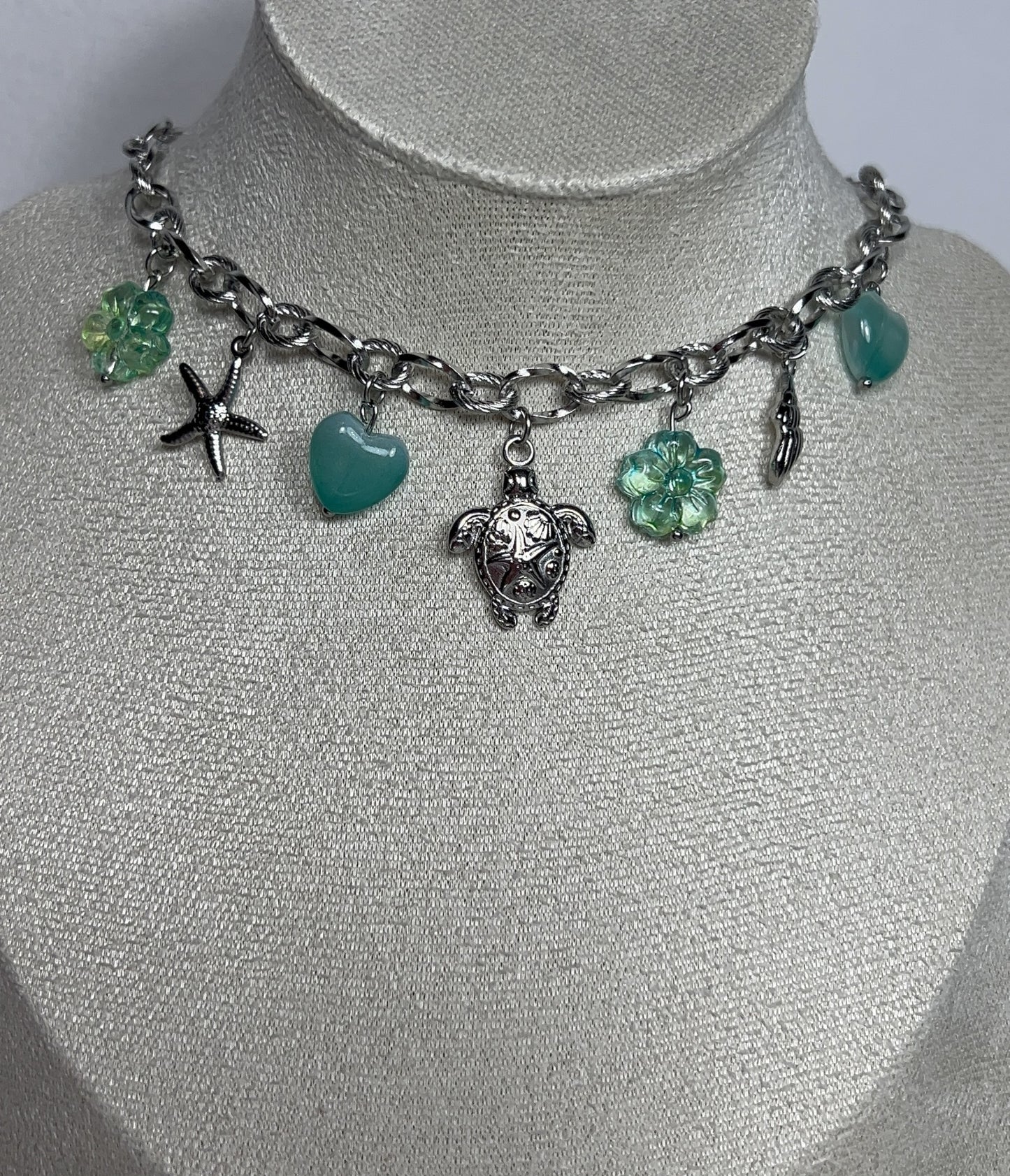 Collier Jade argent - Collier marin et fleurs en verre - Acier inoxydable femme