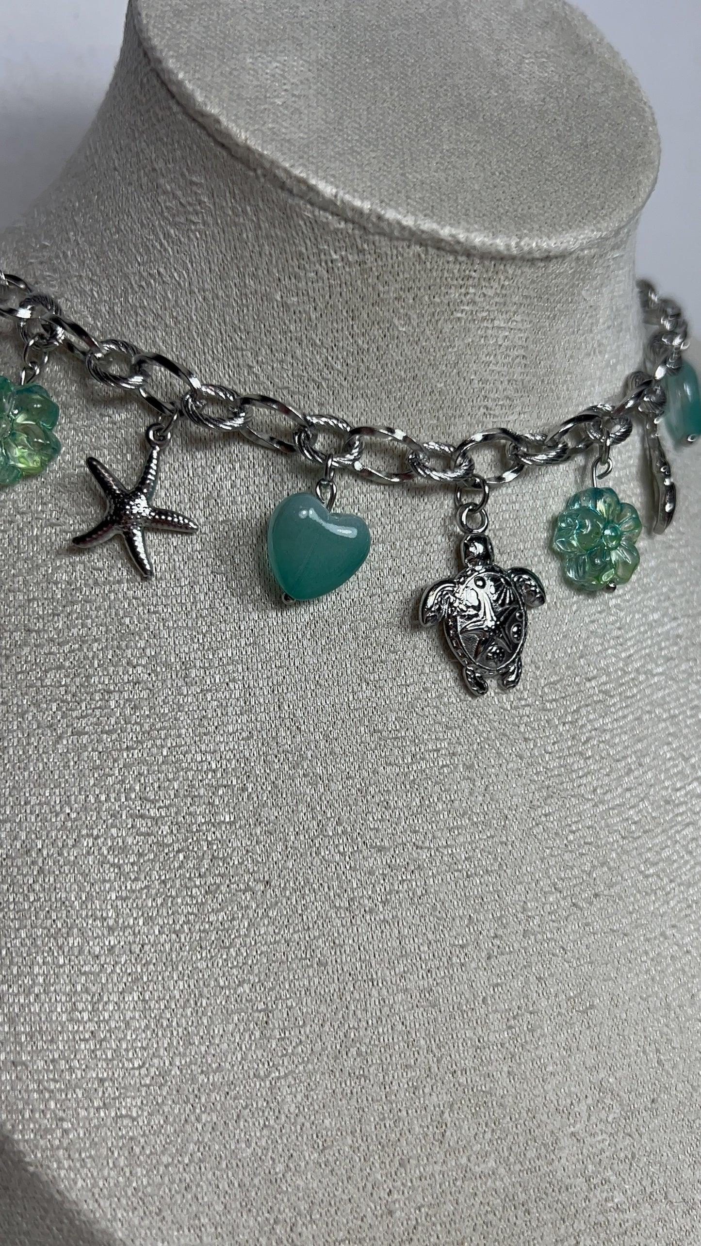 Collier Jade argent - Collier marin et fleurs en verre - Acier inoxydable femme