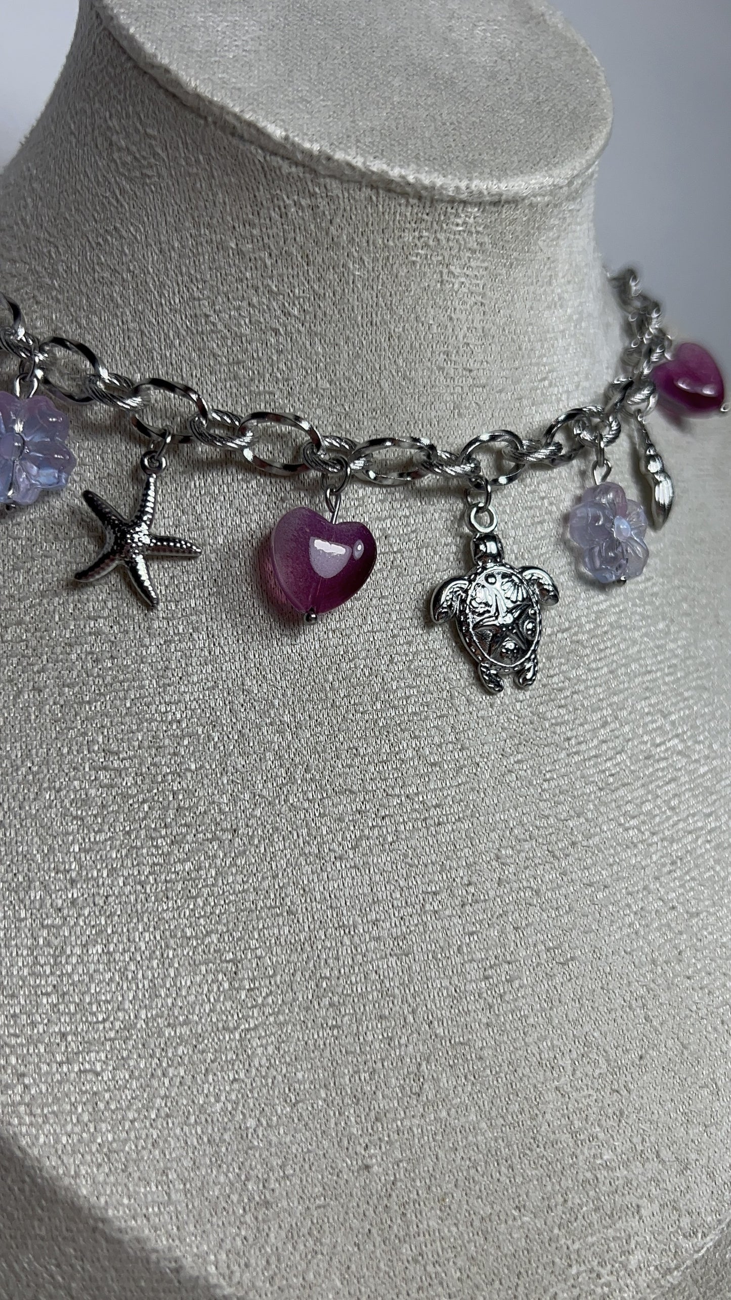 Collier Jade argent - Collier marin et fleurs en verre - Acier inoxydable femme